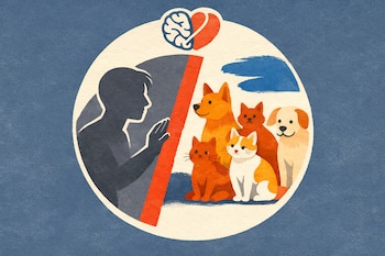 Ilustración de silueta humana gris, barrera roja vertical, símbolo de cerebro y corazón, y grupo de perros y gatos de colores cálidos, dentro de un círculo blanco sobre fondo azul.