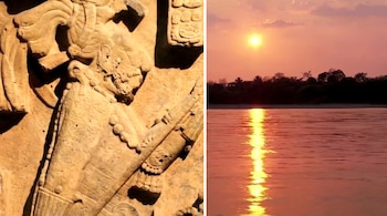 Un collage vertical muestra un relieve maya de piedra a la izquierda y un atardecer sobre un río con árboles en la orilla a la derecha.