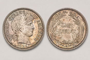 Dos caras de una moneda metálica con el perfil de la Libertad, el año 1894 y el texto grabado ONE DIME sobre fondo neutro.