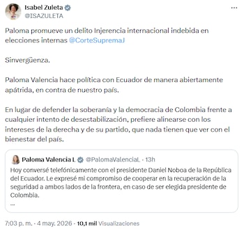 Isabel Zuleta denunció “conducta apátrida” de Paloma Valencia por su diálogo político con el presidente de Ecuador - crédito @ISAZULETA/X