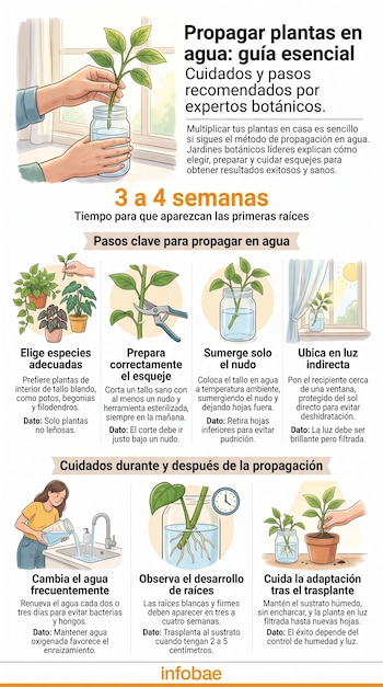Infografía con pasos y cuidados para propagar plantas en agua, mostrando esquejes, manos manipulando plantas, frascos con agua y macetas.