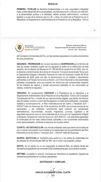 El juzgado amparó los derechos fundamentales de los accionantes a la vida, la seguridad, la integridad física, la reincorporación y el tránsito a la vida civil, entre otras garantías, ante los riesgos identificados durante el proceso - crédito Rama Judicial