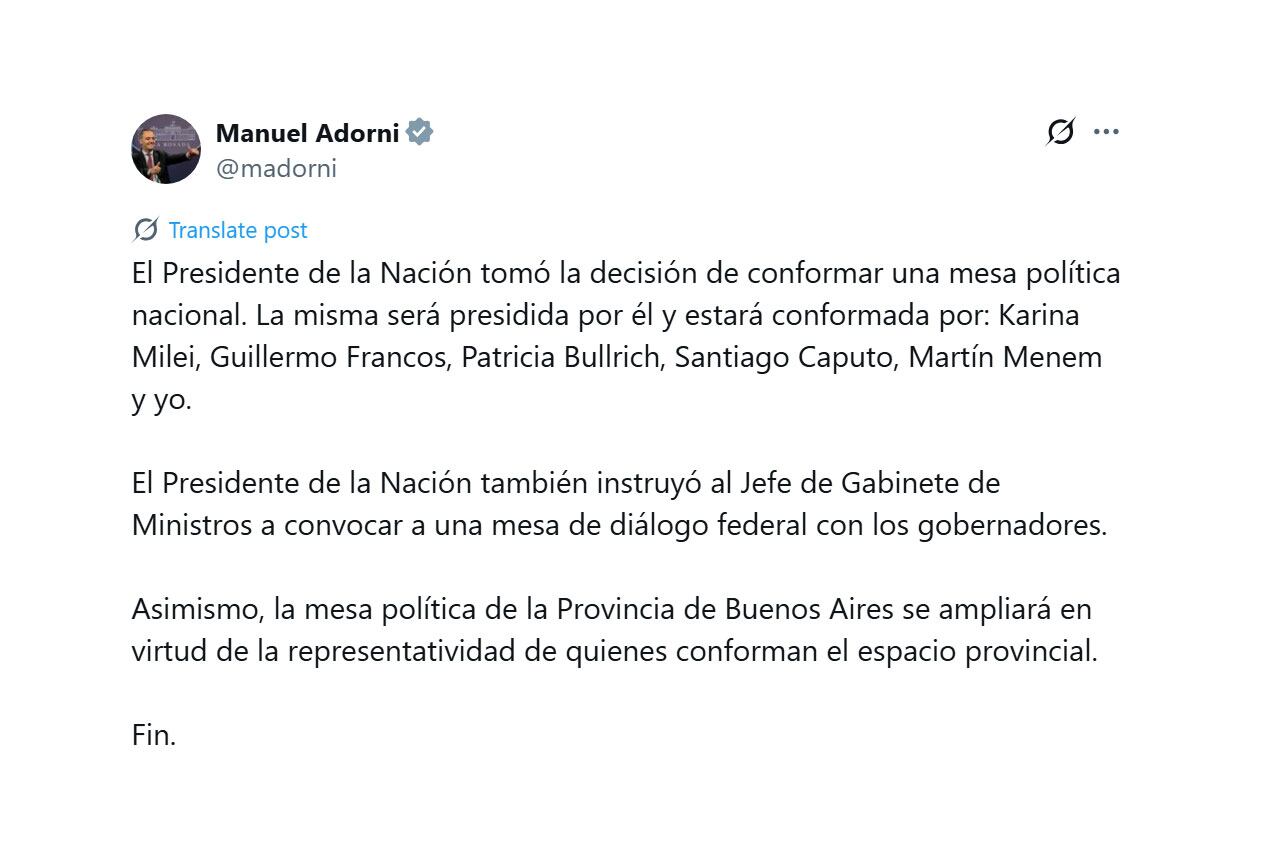 El mensaje que publicó Manuel Adorni para anunciar la creación de una mesa política