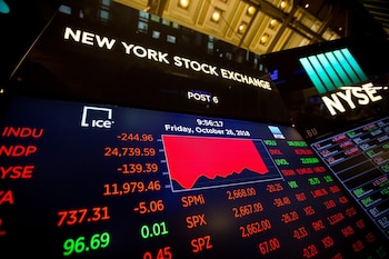 A monitor displays stock market