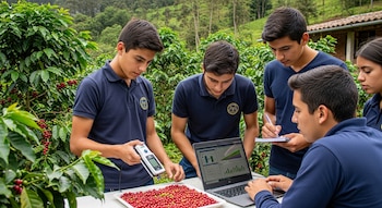 Cinco estudiantes de colegio público uniformados en una plantación de café, monitoreando granos rojos con sensores digitales y una computadora portátil.