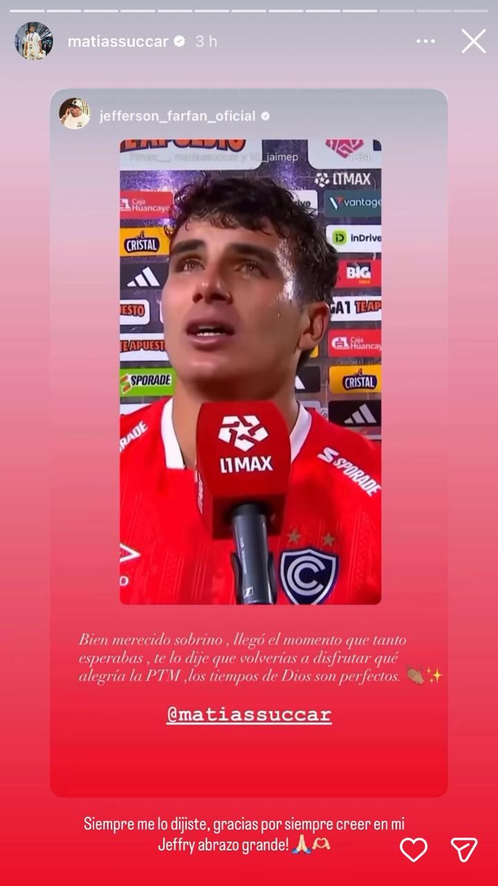 El emotivo mensaje de Jefferson Farfán a Matías Succar tras su gol con Cienciano ante Deportivo Garcilaso. - captura: Instagram