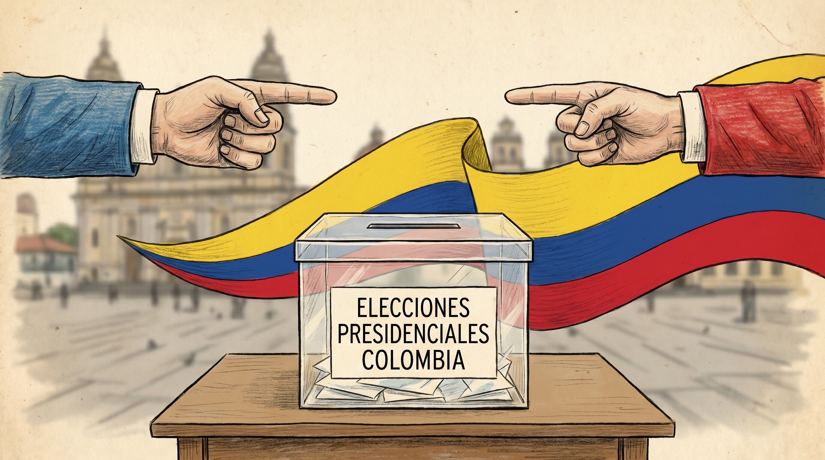 Una ilustración muestra una urna electoral para las elecciones presidenciales de Colombia, con la bandera nacional de fondo y dos manos señalando diferentes direcciones, simbolizando la elección. (Imagen Ilustrativa Infobae)
