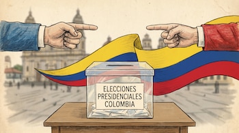 Ilustración de una urna transparente con el texto 'ELECCIONES PRESIDENCIALES COLOMBIA' sobre una mesa. Detrás, la bandera colombiana y dos manos señalando.