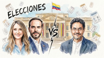 Ilustración acuarela: Paloma Valencia y Abelardo de la Espriella (izq), Iván Cepeda (der), con Casa de Nariño y bandera de Colombia de fondo. La palabra 'ELECCIONES' y tarjetones flotan.