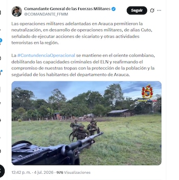 El comandante general de las Fuerzas Militares confirmó la muerte de alias Cuto - crédito @COMANDANTE_FFMM/X