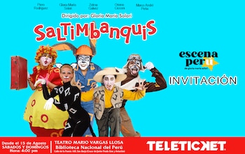 Cartel promocional de la obra Saltimbanquis con cinco actores caracterizados sobre fondo azul y datos de las funciones en la parte inferior