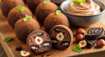 Primer plano de trufas de chocolate con trozos de galleta y una avellana en el centro, espolvoreadas con cacao, sobre una tabla de madera.