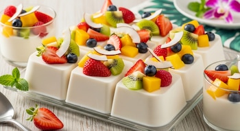 Gelatina de coco blanca en porciones cuadradas y en vasos, adornada con fresas, arándanos, kiwi, mango, frambuesas y hojuelas de coco sobre una superficie de madera.