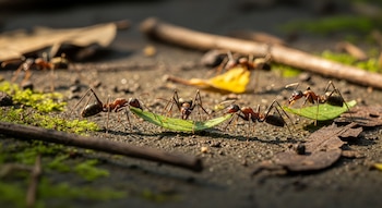 Varias hormigas de patas largas transportan trozos de hojas verdes sobre tierra húmeda. Hay ramas secas, musgo verde y hojas secas marrones en el suelo.