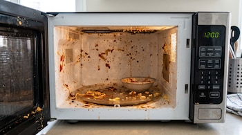 Horno microondas abierto con manchas de salsa en las paredes interiores y un plato hondo con fideos sobre la bandeja de vidrio.