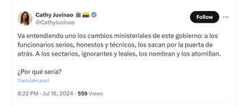 Catherine Juvinao criticó cambios ministeriales