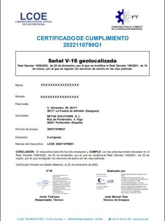 El certificado de homologación de la baliza V16 (DGT)