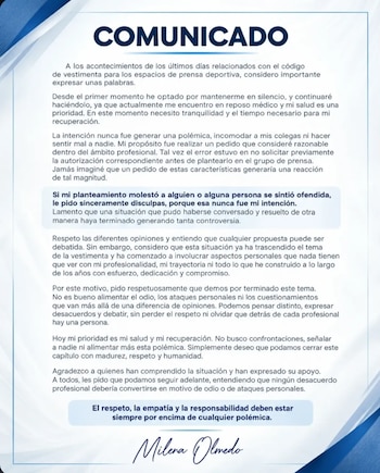 El comunicado de Milena Olmedo, jefa de prensa de Sportivo Ameliano