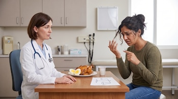 Una médica sentada frente a una paciente en un consultorio. Sobre la mesa hay un pollo asado, huevos cocidos, un dibujo de balanza y una taza.
