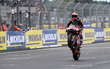 MotoGP - French Grand Prix - Bugatti Circuit, Le Mans, France - May 11, 2025 Liqui Moly Dynavolt Intact GP's Manuel Gonzalez crosses the chequered flag to win the Moto2 race REUTERS/Stephane Mahe