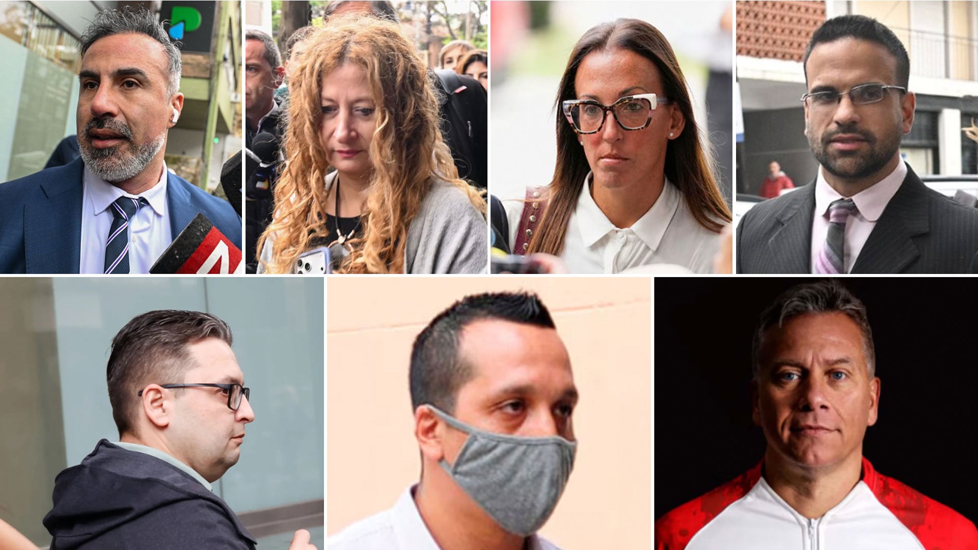 Uno por uno los acusados. Desde la izquierda: el neurocirujano Leopoldo Luque; la coordinadora de la prepaga Nancy Forlini; la psiquiatra Agustina Cosachov; el psicólogo Carlos Díaz; el jefe de enfermeros Mariano Perroni; el enfermero Ricardo Almirón; y el médico clínico Pedro Di Spagna
