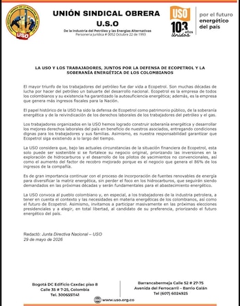 El sindicato petrolero USO considera que la sostenibilidad financiera de Ecopetrol depende de fortalecer la exploración de petróleo y gas - crédito USO