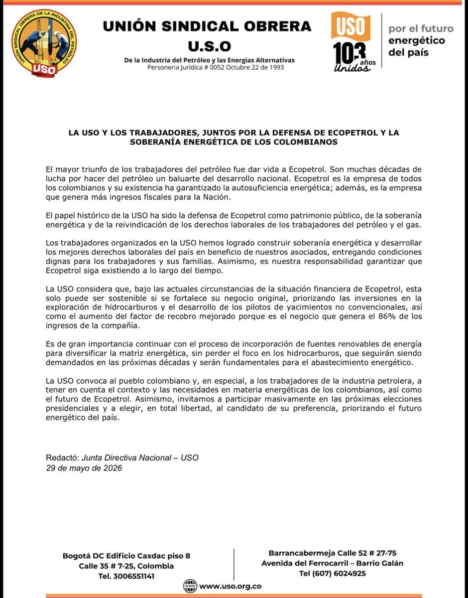 El sindicato petrolero USO considera que la sostenibilidad financiera de Ecopetrol depende de fortalecer la exploración de petróleo y gas - crédito USO