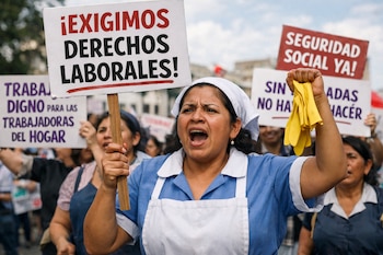 Mujer con uniforme de trabajadora del hogar sostiene cartel que dice EXIGIMOS DERECHOS LABORALES y guantes amarillos, en medio de una manifestación.
