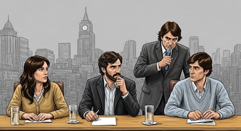 Caricatura de cuatro figuras, tres sentadas y una de pie con micrófono, en una mesa de debate. Edificios grises de ciudad al fondo.