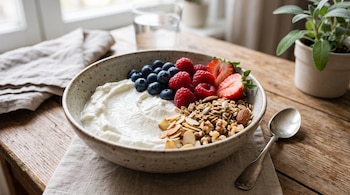 Tazón de cerámica con yogur griego, arándanos, frambuesas, fresas, granola, almendras y nueces sobre una mesa de madera.