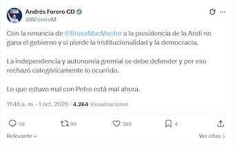 Andrés Forero se pronunció sobre la renuncia de Bruce Mac Master a la presidencia de la Andi