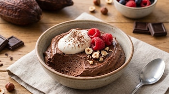 Tazón de mousse de chocolate con crema batida, frambuesas y avellanas. En mesa de madera hay vainas de cacao, trozos de chocolate y una cuchara.