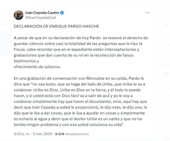 Iván Cepeda aseguró que interceptaciones y grabaciones demostrarían la participación de Enrique Pardo Hasche en la recolección de falsos testimonios para favorecer a Álvaro Uribe - crédito @IvanCepedaCast/X
