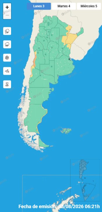 Mapa de Argentina con zonas verdes y naranjas. Iconos de lluvia, nieve y viento. Pestañas con los días "Lunes 3", "Martes 4", "Miércoles 5". Fecha de emisión: 03/08/2026