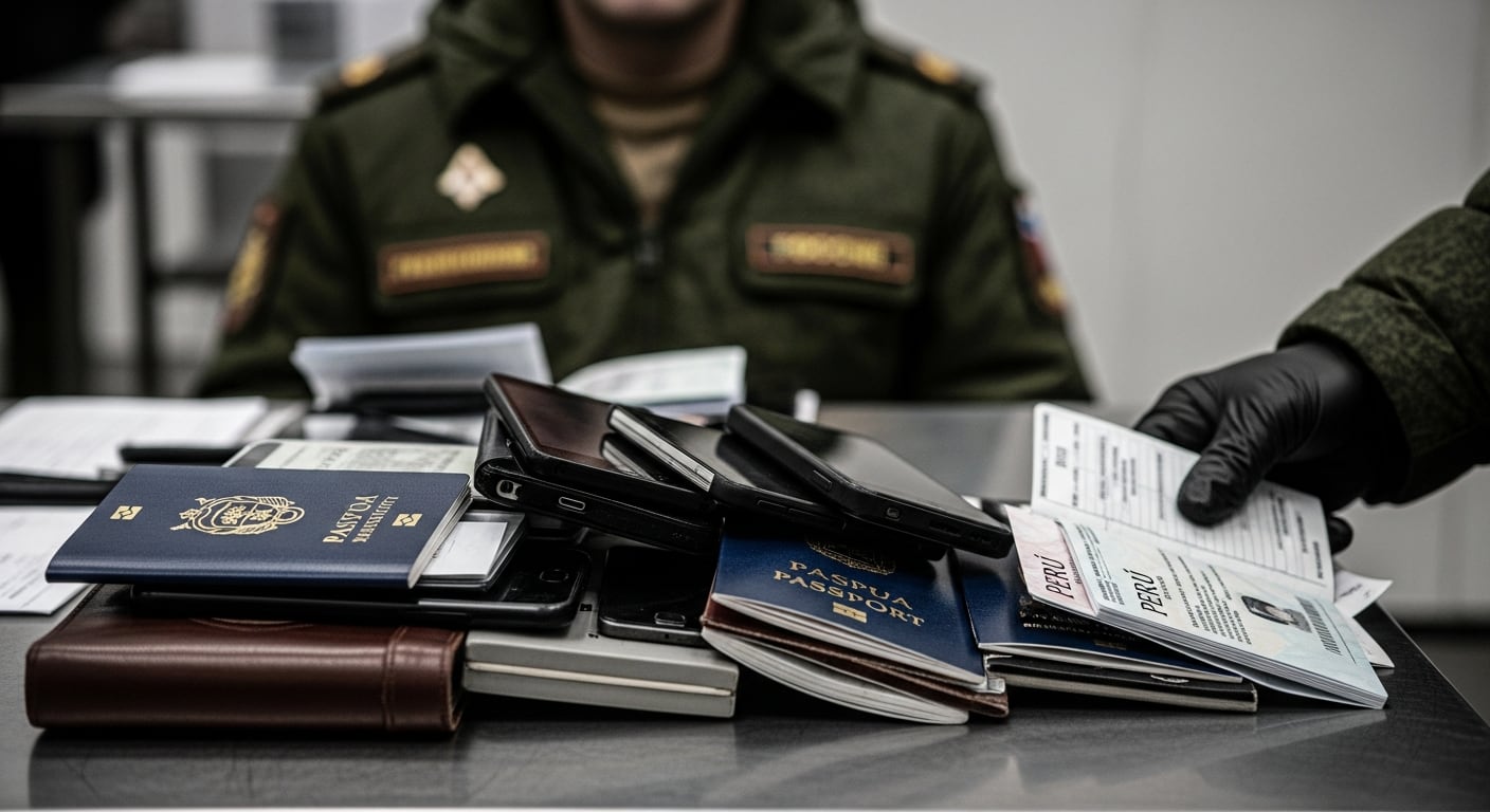 Una mano enguantada recoge pasaportes peruanos, celulares y documentos de identidad apilados sobre una mesa metálica, con un oficial militar de uniforme genérico ruso desenfocado al fondo. (Imagen Ilustrativa Infobae)