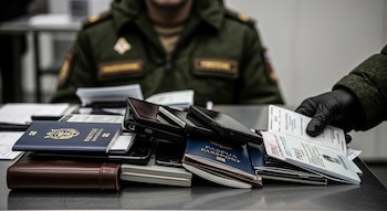 Una mano enguantada de verde militar recoge documentos, pasaportes peruanos y celulares de una pila sobre una mesa metálica; al fondo, un militar de uniforme ruso.