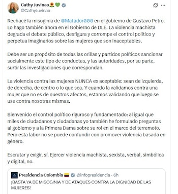 Cathy Juvinao señaló que hacer control político estaba bien, pero que la manera en que lo hizo Matador contra la primera dama quebraba cualquier debate - crédito @CathyJuvinao/X
