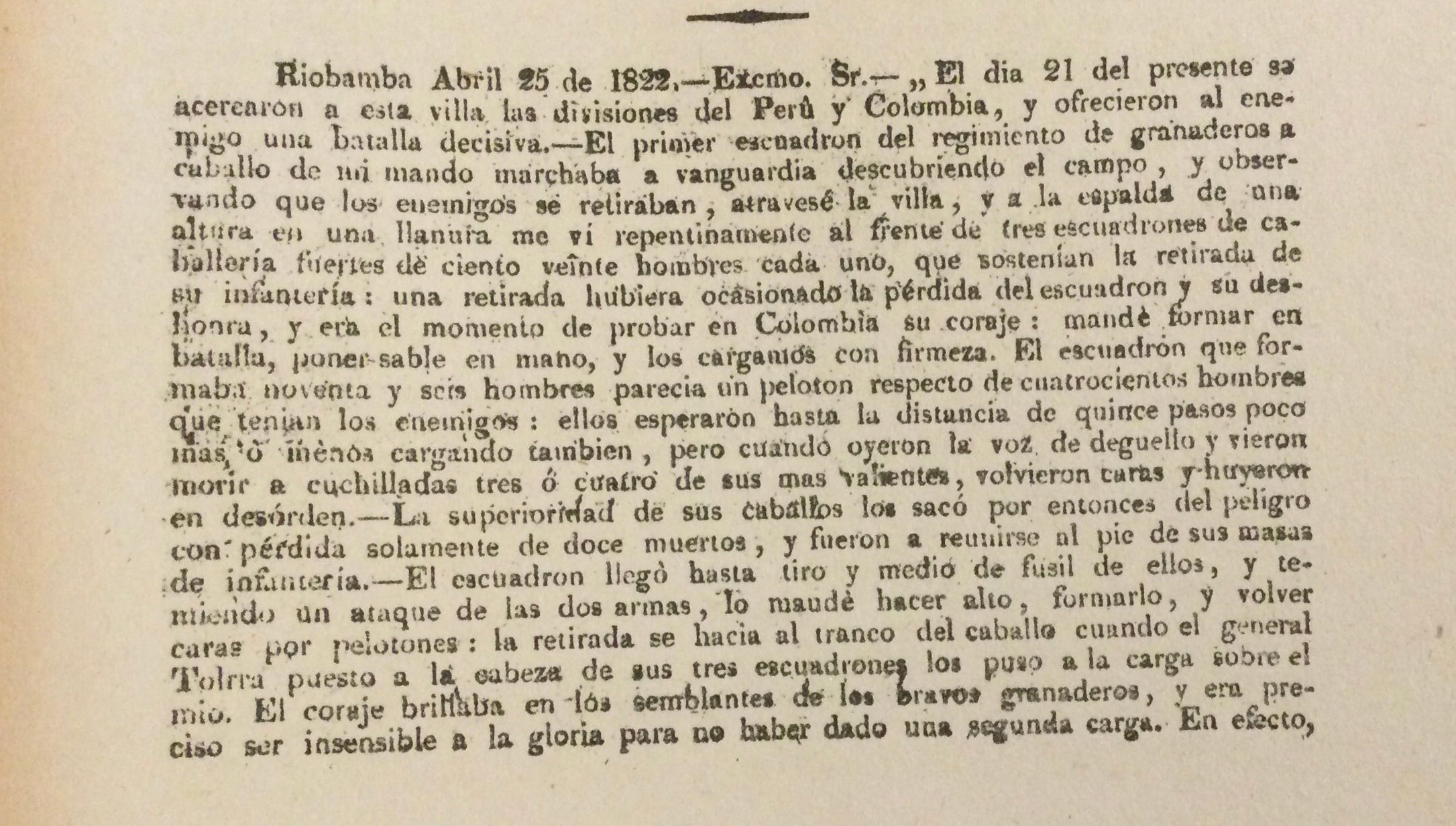 Parte de guerra de Juan Lavalle sobre la acción de Río Bamba. Fue publicado por la Gaceta del Gobierno de Lima Independiente el 5 de junio de 1822