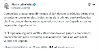 Uribe compartió el mensaje la mañana del viernes 12 de junio de 2026 a través de su cuenta en X - crédito @AlvaroUribeVel/X