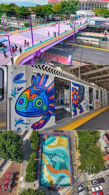 Montaje fotográfico de un puente peatonal colorido con gente, un tren del metro con arte de ajolote y una cancha deportiva con diseño abstracto vista aérea