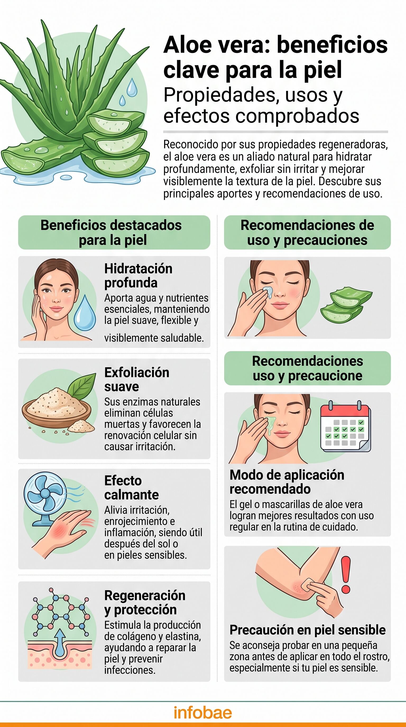 Una infografía de Infobae detalla las propiedades del aloe vera para hidratar, exfoliar, calmar y regenerar la piel, junto con consejos para su aplicación. (Imagen Ilustrativa Infobae)