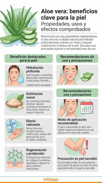 Infografía en español con ilustraciones de plantas de aloe vera, rostros aplicando gel, exfoliante en tazón y textos explicativos sobre la piel.