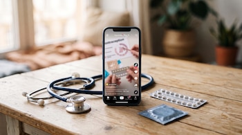Un teléfono celular que muestra TikTok, un estetoscopio, un empaque de pastillas y un preservativo sobre una mesa de madera.