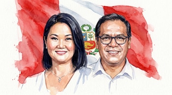 Pintura en acuarela de los rostros sonrientes de Keiko Fujimori a la izquierda y Roberto Sánchez a la derecha, con la bandera peruana de fondo.
