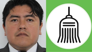 Fotografía tipo carné de un hombre con traje junto a un símbolo circular verde con una figura de escoba