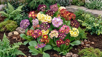 Flores de prímula de varios colores agrupadas sobre la tierra con mantillo y rodeadas de helechos y follaje verde.