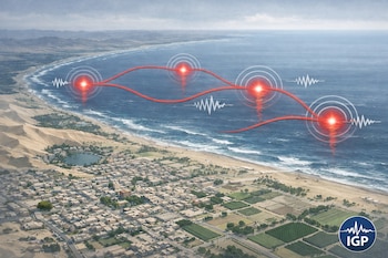Vista aérea ilustrada de la ciudad de Ica y su costa, el océano Pacífico, líneas rojas con puntos de luz, ondas sísmicas y el logo del IGP.