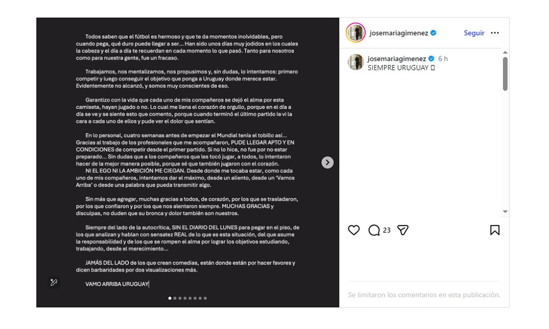 José María Giménez compartió su descargó y calificó la eliminación de Uruguay como “un fracaso