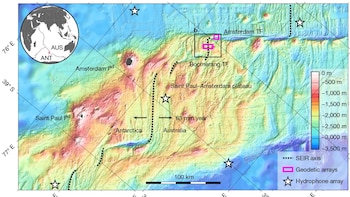 a, This event occurred along the SEIR segment I1 (in the black rectangle), located on the Saint Paul–Amsterdam plateau in the Southern Indian Ocean (oblique Mercator projection). The seismogeodetic experiment included a wide array of autonomous hydrophones (stars), two arrays of acoustic ranging beacons and one BPR (in the purple rectangles) and repeated swath-bathymetry surveys of the axial valley and its intersection with the two abutting TFs. b, Earthquake crisis of 26 and 27 April 2024. GCMT focal mechanisms (red with Mw magnitudes in black) and ISC events (orange stars with mb magnitudes in blue) from land-based catalogues are numbered sequentially (italicized numbers; Extended Data Table 1) and were all relocated from the recordings of the hydrophone array, which also recorded many lower-magnitude hydroacoustic events (grey dots). Horizontal displacements were measured along direct-path ranging baselines (orange lines) between acoustic beacons (white numbers in blue circles) distributed in two arrays. Vertical displacement in the axial valley floor was measured with a self-calibrating BPR (cyan hexagon).