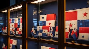 Múltiples banderas de Panamá, con sus cuartos rojos, azules y blancos con estrellas, se exhiben dentro de vitrinas de cristal iluminadas.